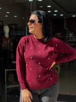 Μπλούζα πλεκτή μπορντό πέρλες - Image 3