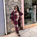 Παλτό μάλλινο καρό μπορντό