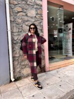Παλτό μάλλινο καρό μπορντό