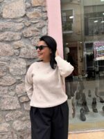 Μπλούζα πλεκτή μπεζ με πέρλα κ στρας